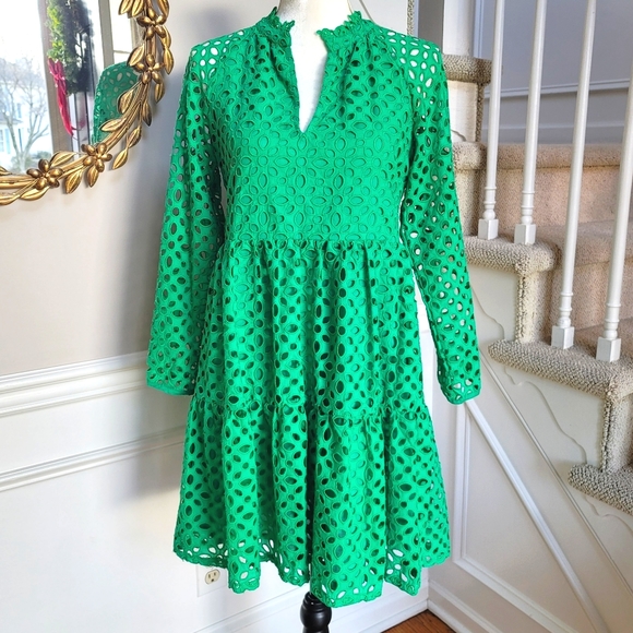 green emerald velvet dress Embroidered Eyelet Tie-Back Dress Medium